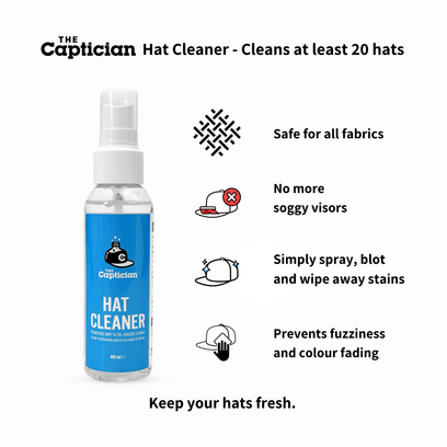 Hat cleaner spray bottle with features on a white background