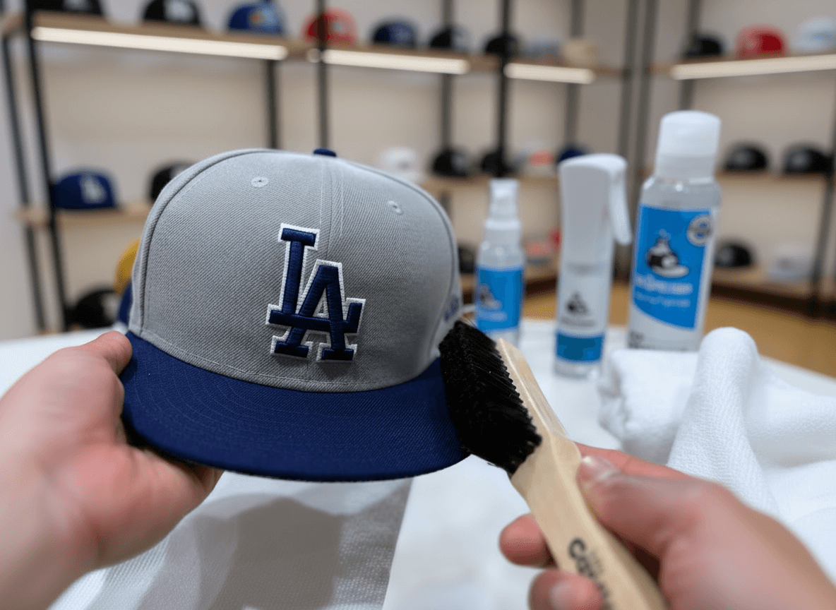 Person cleaning a New Era. Los Angeles Dodgers cap with a brush and cleaning solution.