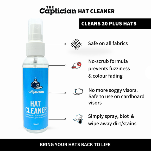 The Captician Hat Cleaner bottle scrub-free formula that safely removes dirt and oil stains from caps and hats.