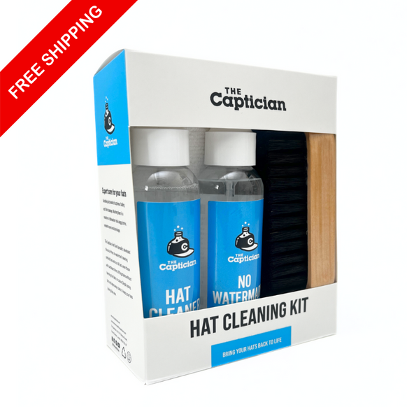 The Captician Hat Cleaning Kit includes hat cleaner, no watermark mist, hat brush, and microfibre cloth to keep hats fresh.