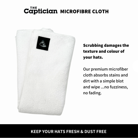 The Captician premium large microfibre cloth designed for blot-and-wipe hat cleaning without scrubbing or fabric damage