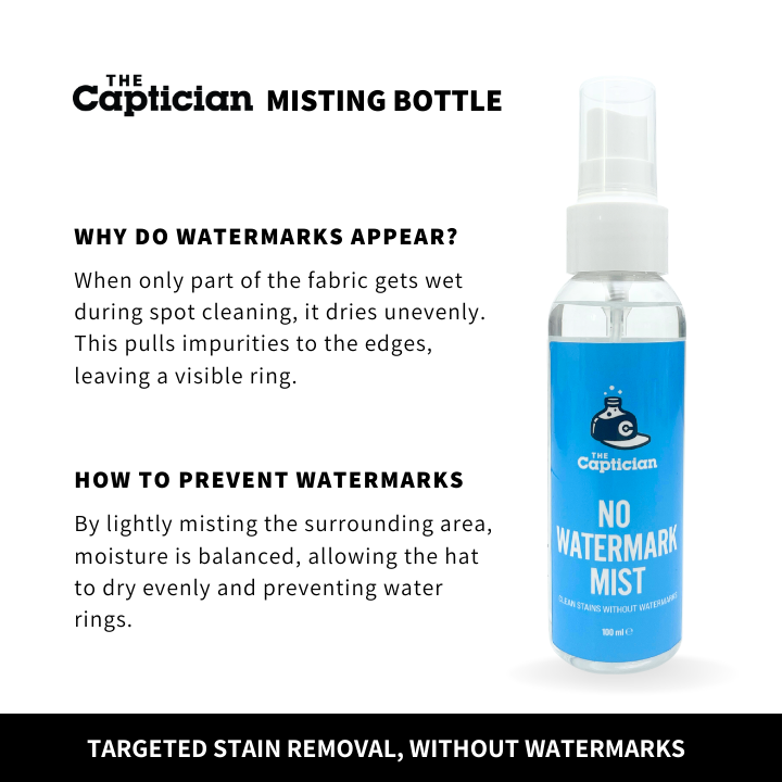 The Captician No Watermark Mist bottle prevents water rings by ensuring even drying during hat cleaning.