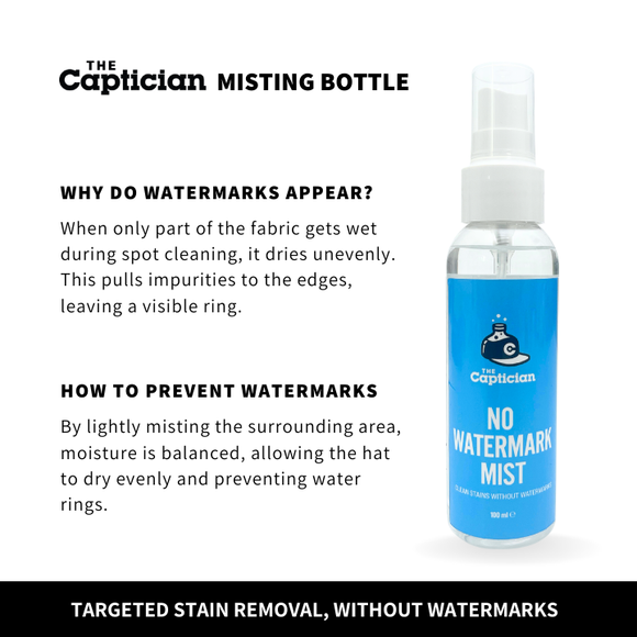 The Captician No Watermark Mist bottle prevents water rings by ensuring even drying during hat cleaning.