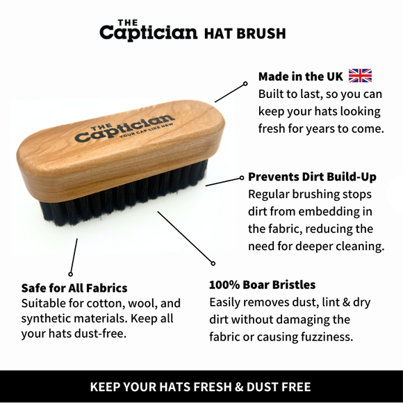 The Captician boar bristle hat brush – gently removes dust and dry dirt, ideal for daily hat maintenance